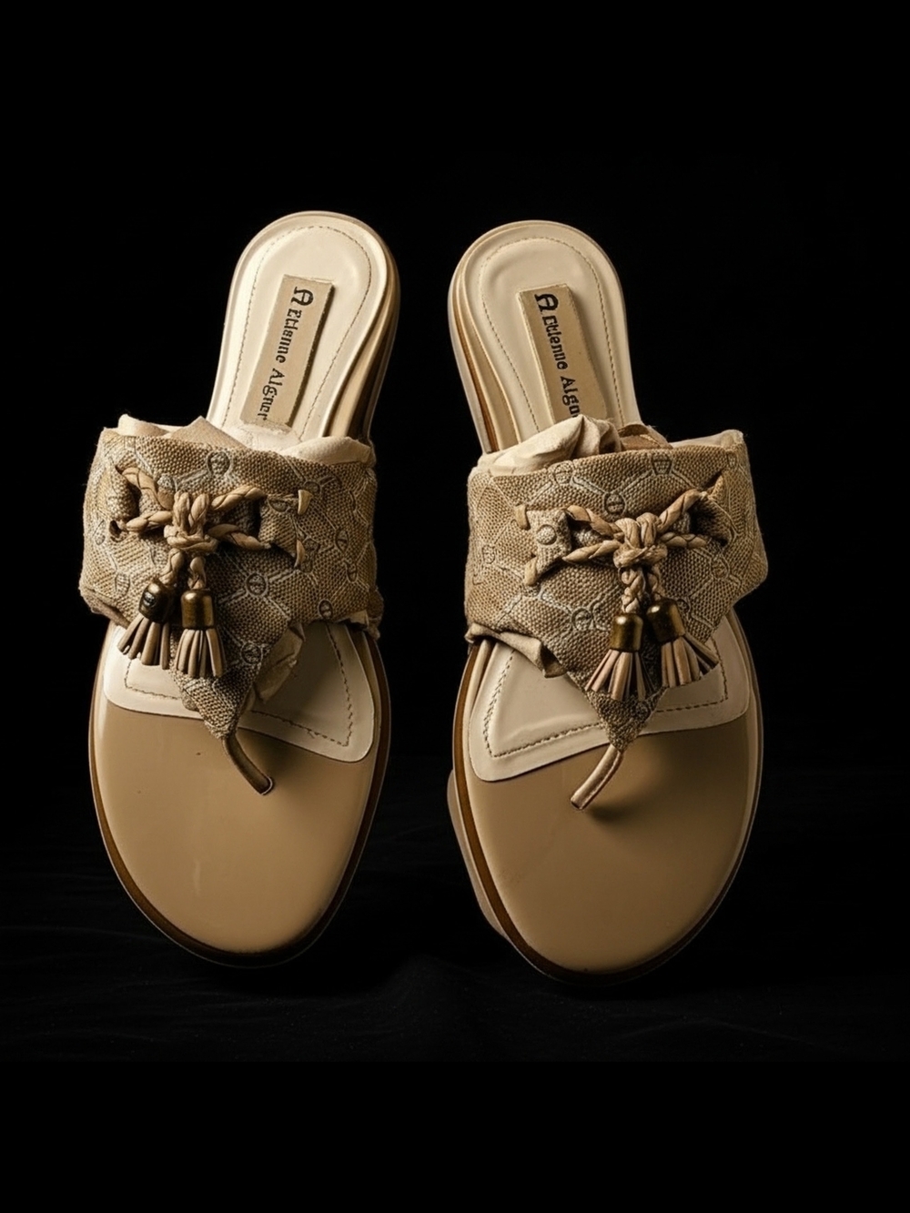 NWOT Etienne Aigner Beige Braided Tassel Thong Mules Size 8